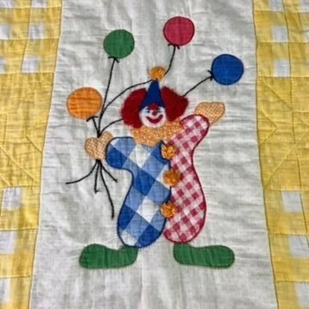 Vintage Handmade Patchwork Hand Quilted Crib Quilt Clown balloons Ruffled Edge